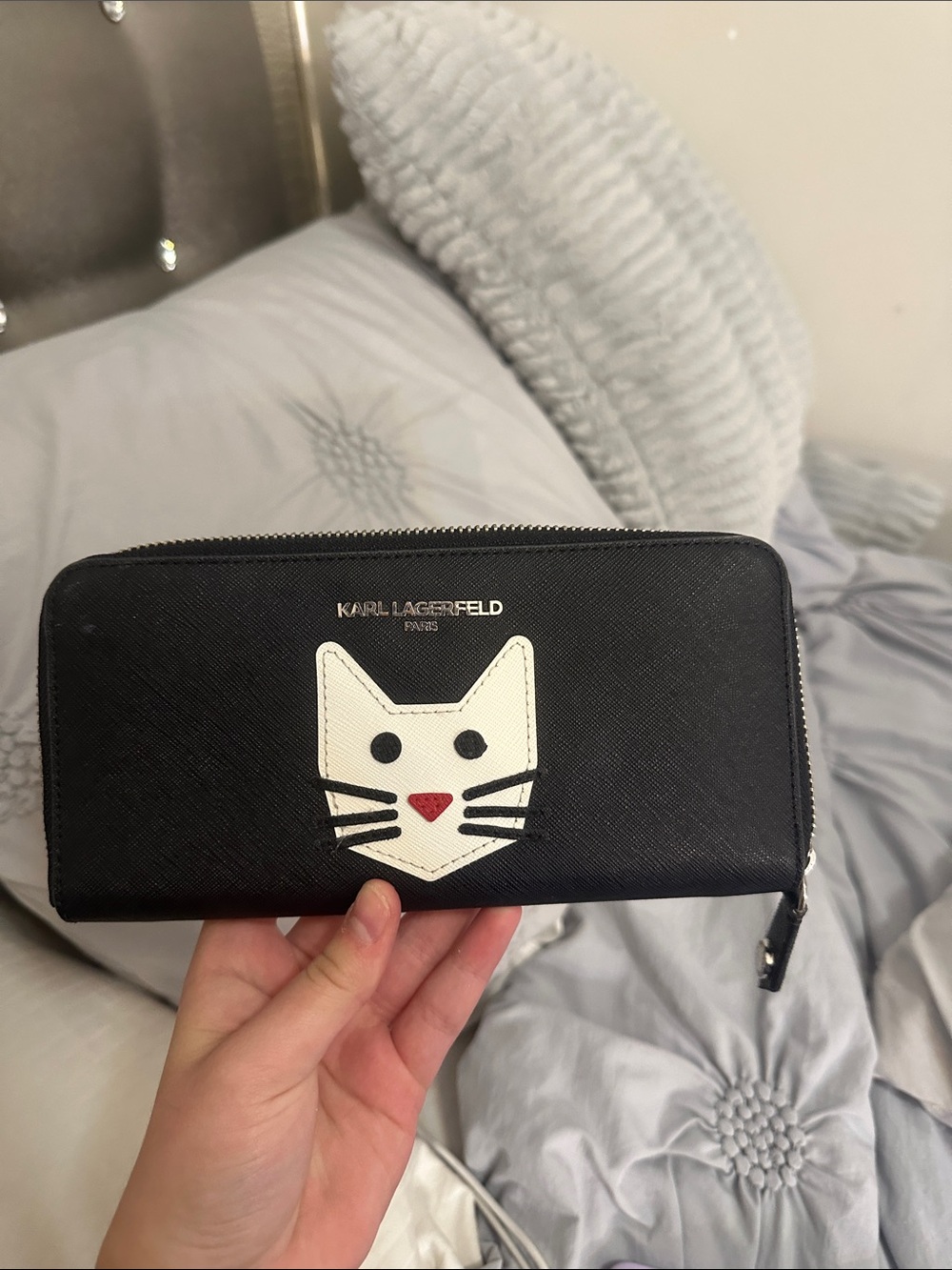 Karl Lagerfeld Black Zip-Around Wallet with White Cat Applique and Red Nose